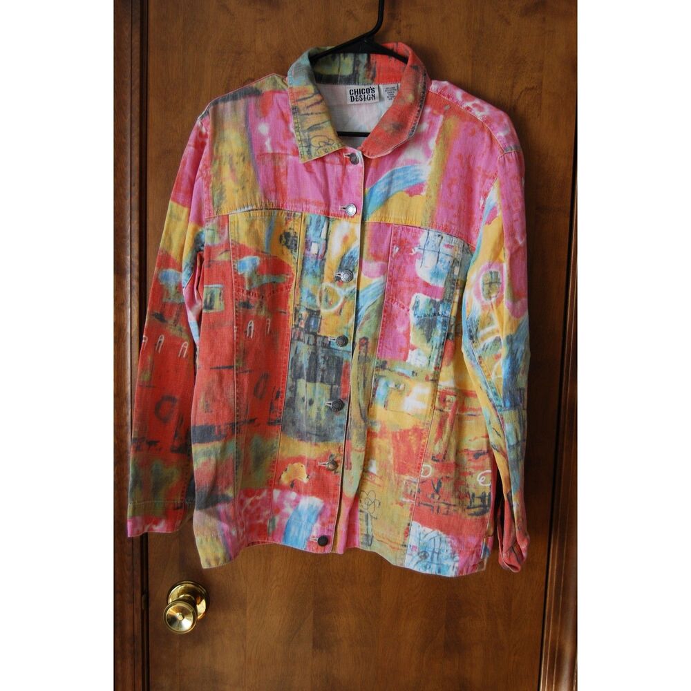 Chicos  Womens Size Large (2)  100% Linen Button Up Loose Fit Jacket Multicolor